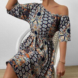 Black Preppy Womens Allover Print Asymmetrical Neck Belted Dress